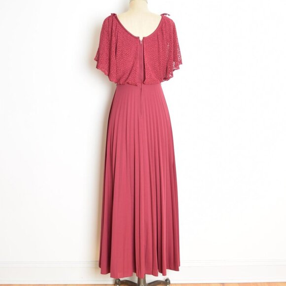 vintage 70s prom dress burgundy crochet lace flutter draped pleated long maxi XS - Picture 8 of 11